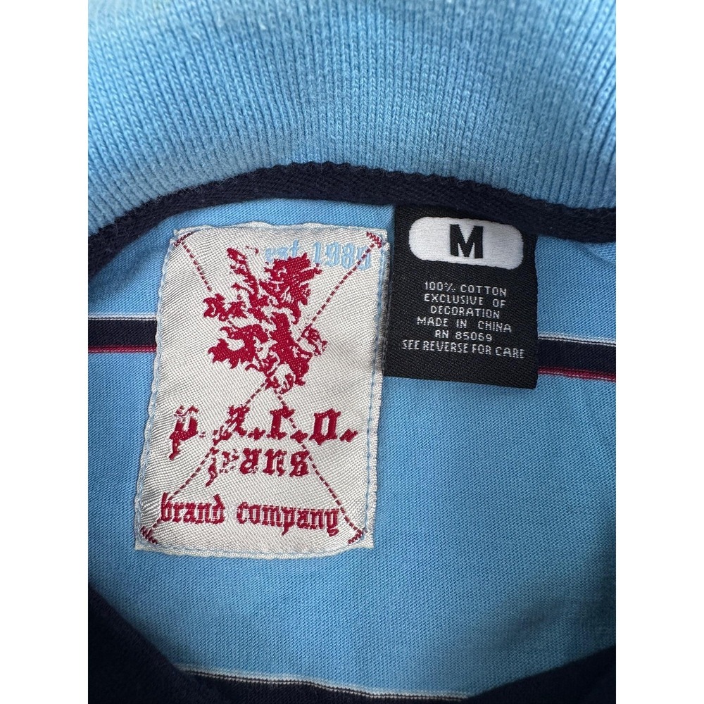 Paco Jeans Polo Shirt Mens Medium Blue Striped Long Sleeve Providence Crest - Picture 5 of 7